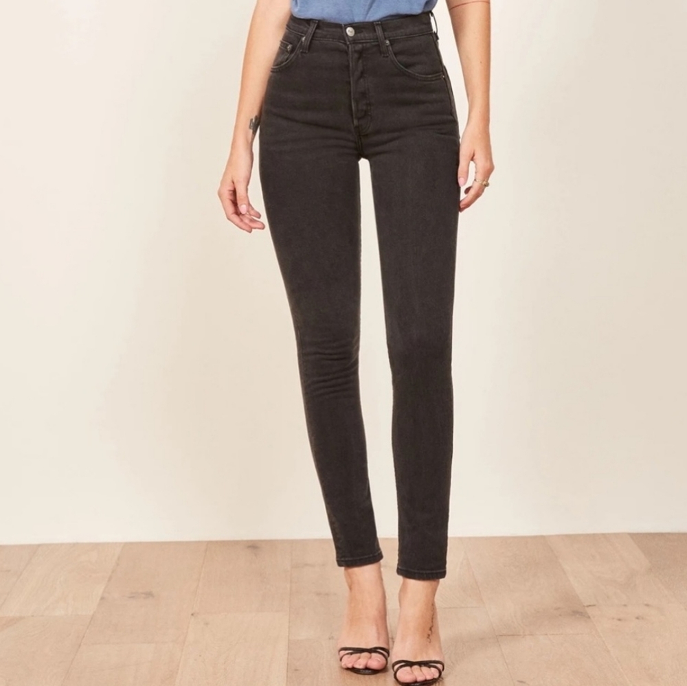 Reformation Jeans Serena High Button Fly Black Wash Skinny Jeans